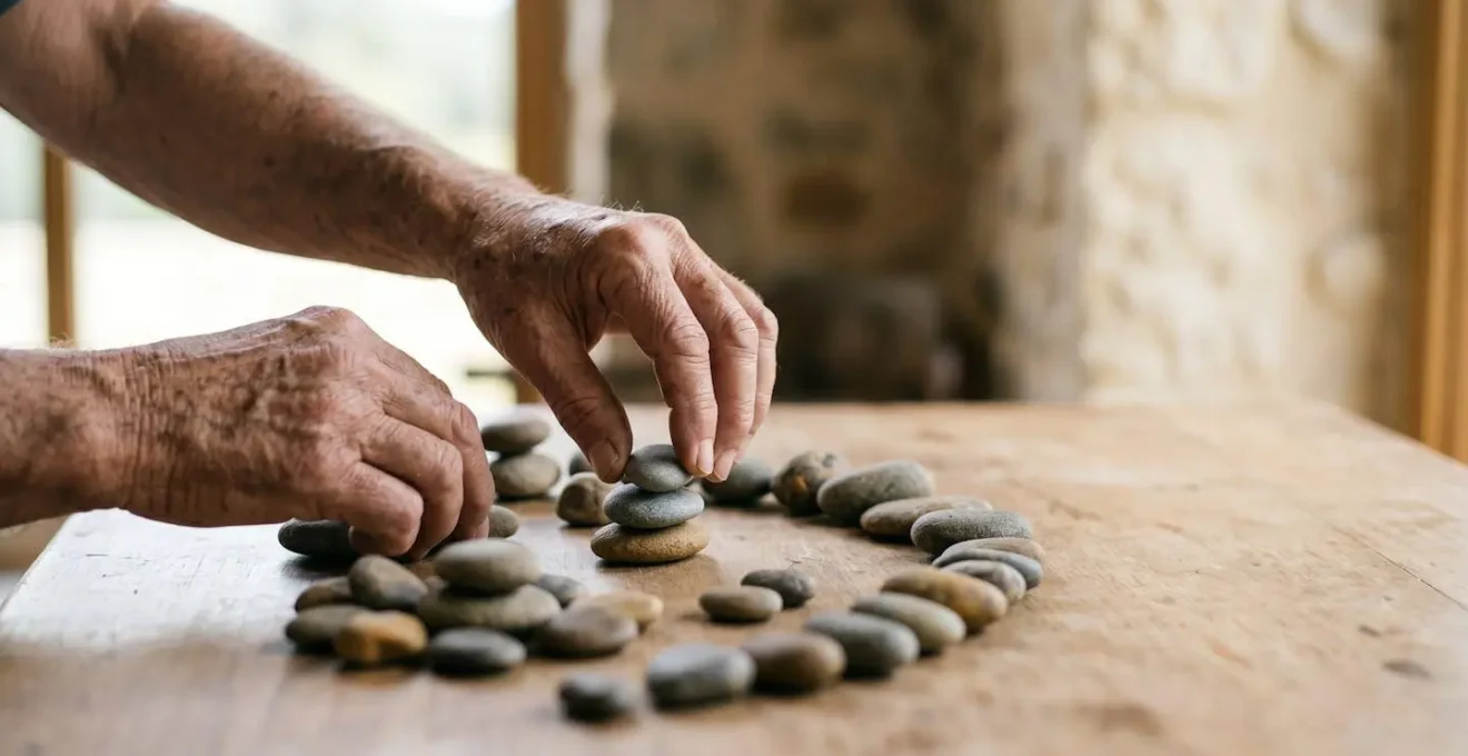 Hands of an older adult thoughtfully arranging objects symbolizing daily task choices and energy management