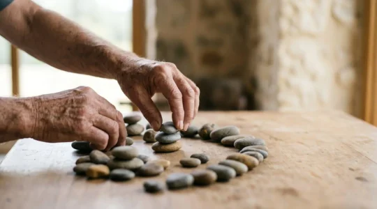 Hands of an older adult thoughtfully arranging objects symbolizing daily task choices and energy management