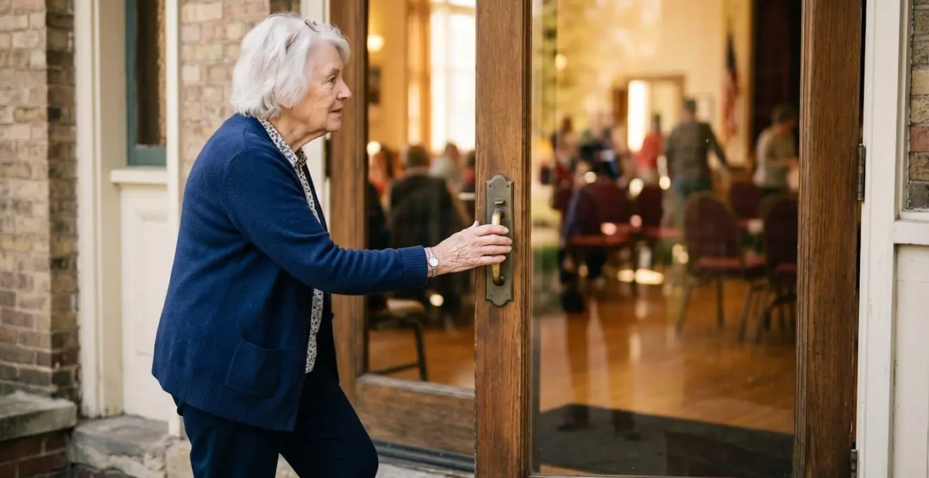 Older adult standing at the entrance of a welcoming community hall with soft natural light