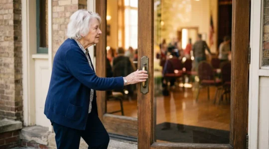 Older adult standing at the entrance of a welcoming community hall with soft natural light