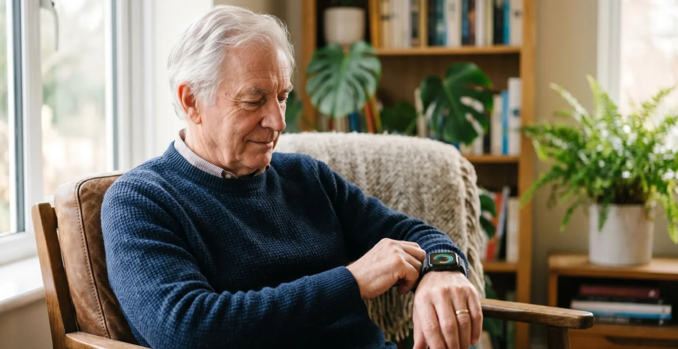 Senior adult carefully examining a modern smartwatch displaying heart health data in natural lighting