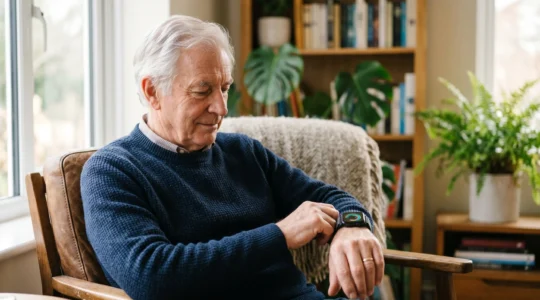 Senior adult carefully examining a modern smartwatch displaying heart health data in natural lighting