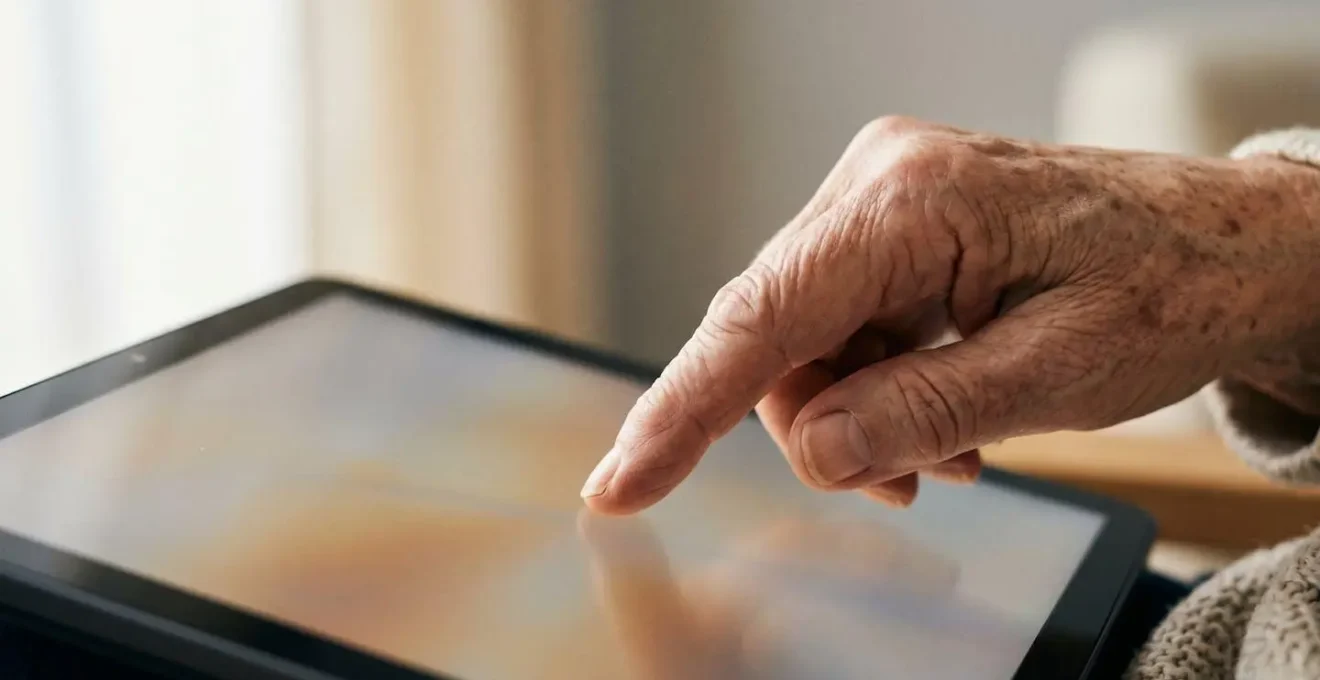 Close-up of an elderly person's hand gently touching a tablet screen in warm natural window light