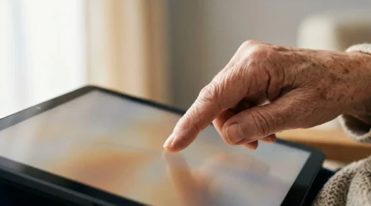 Close-up of an elderly person's hand gently touching a tablet screen in warm natural window light