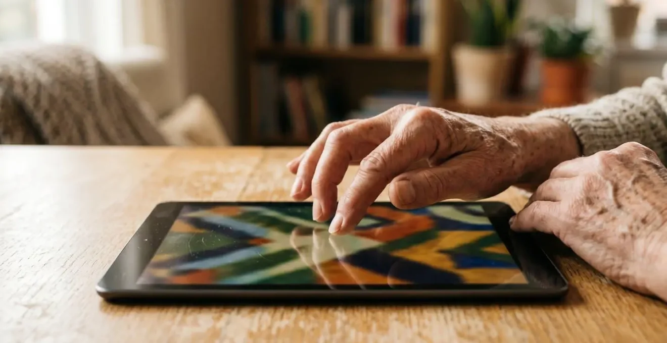 Close-up of elderly hands interacting with an iPad displaying large, bold accessibility settings in natural window light