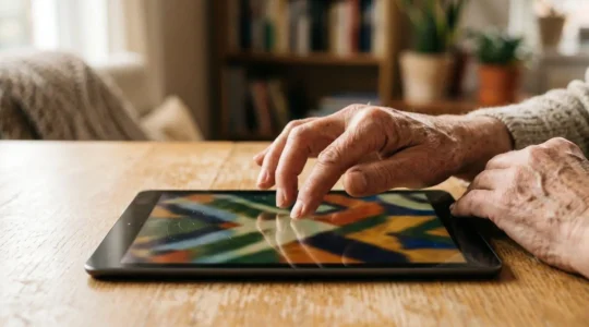 Close-up of elderly hands interacting with an iPad displaying large, bold accessibility settings in natural window light