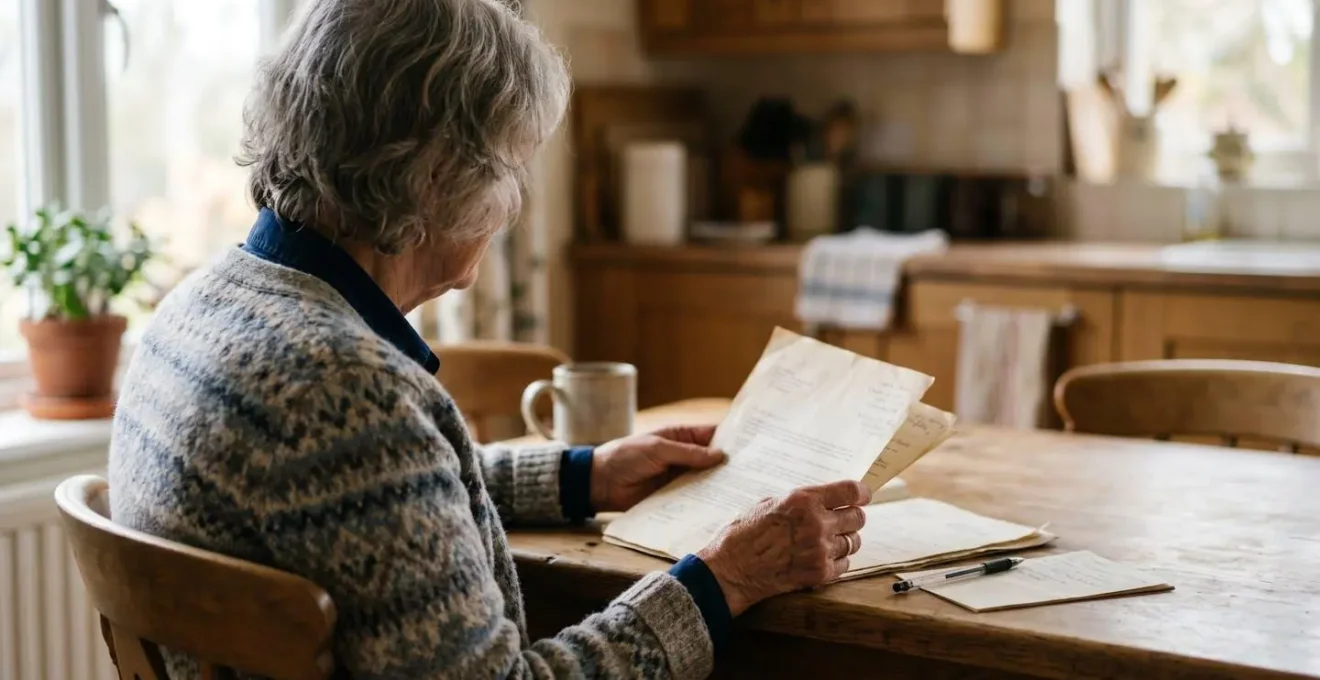 Senior person reviewing service options with documentation in a well-lit home environment, emphasizing safety and professional decision-making