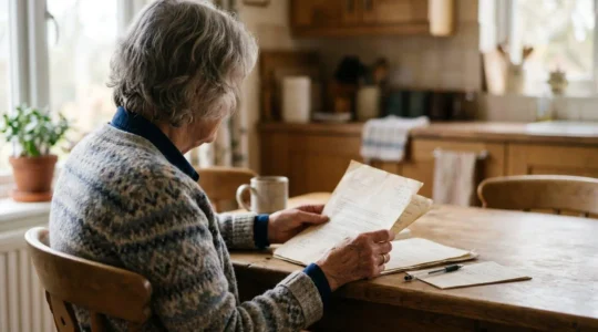 Senior person reviewing service options with documentation in a well-lit home environment, emphasizing safety and professional decision-making