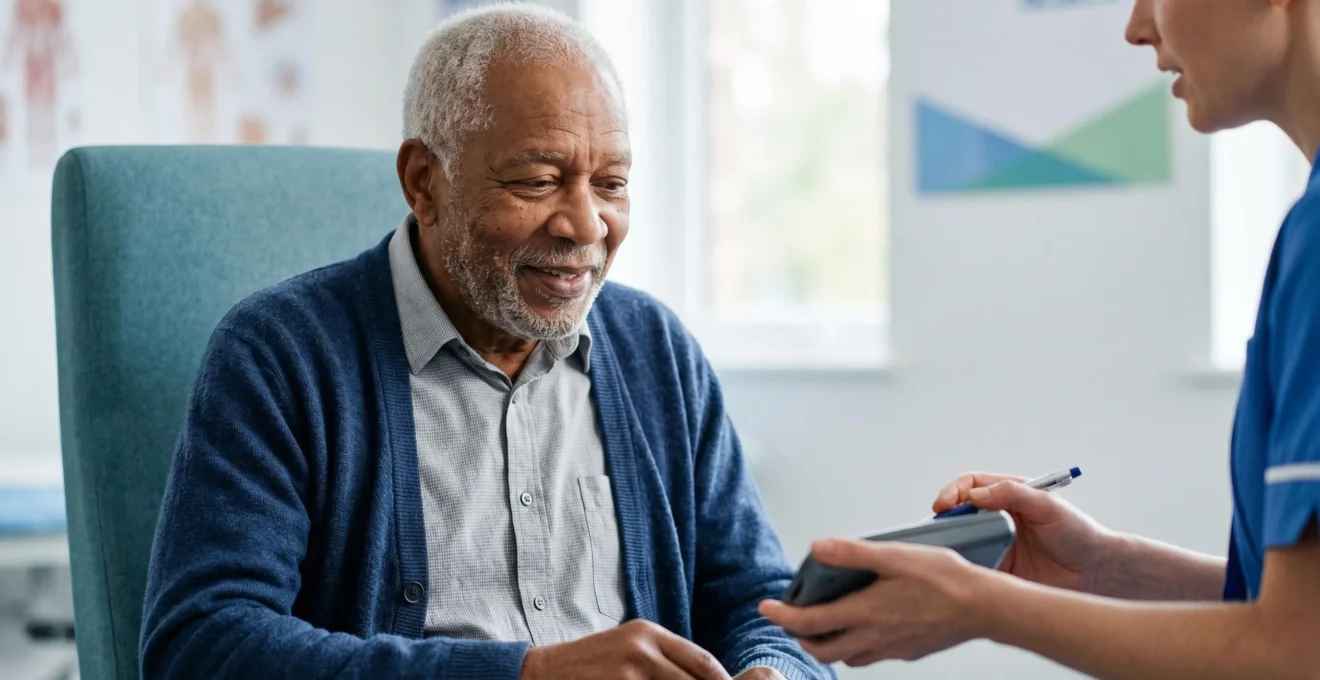 Senior adult attending NHS preventive health screening appointment with healthcare professional in bright modern clinic setting