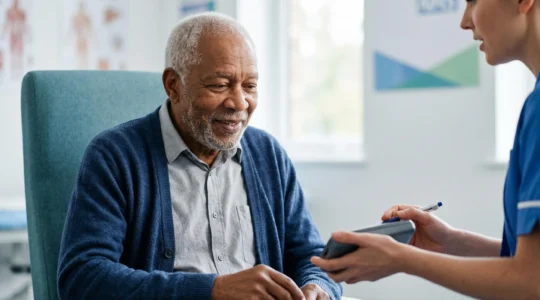 Senior adult attending NHS preventive health screening appointment with healthcare professional in bright modern clinic setting