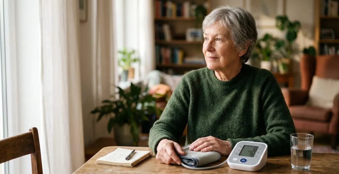 Senior adult sitting peacefully at home preparing to check blood pressure with proper posture and equipment