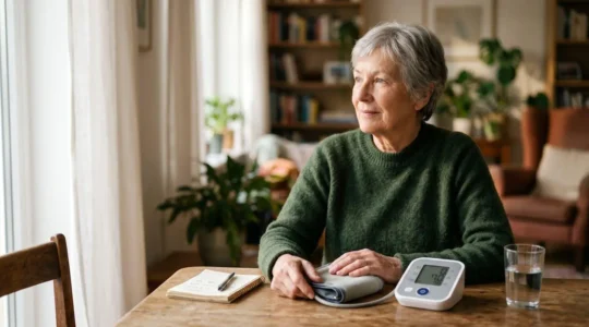 Senior adult sitting peacefully at home preparing to check blood pressure with proper posture and equipment