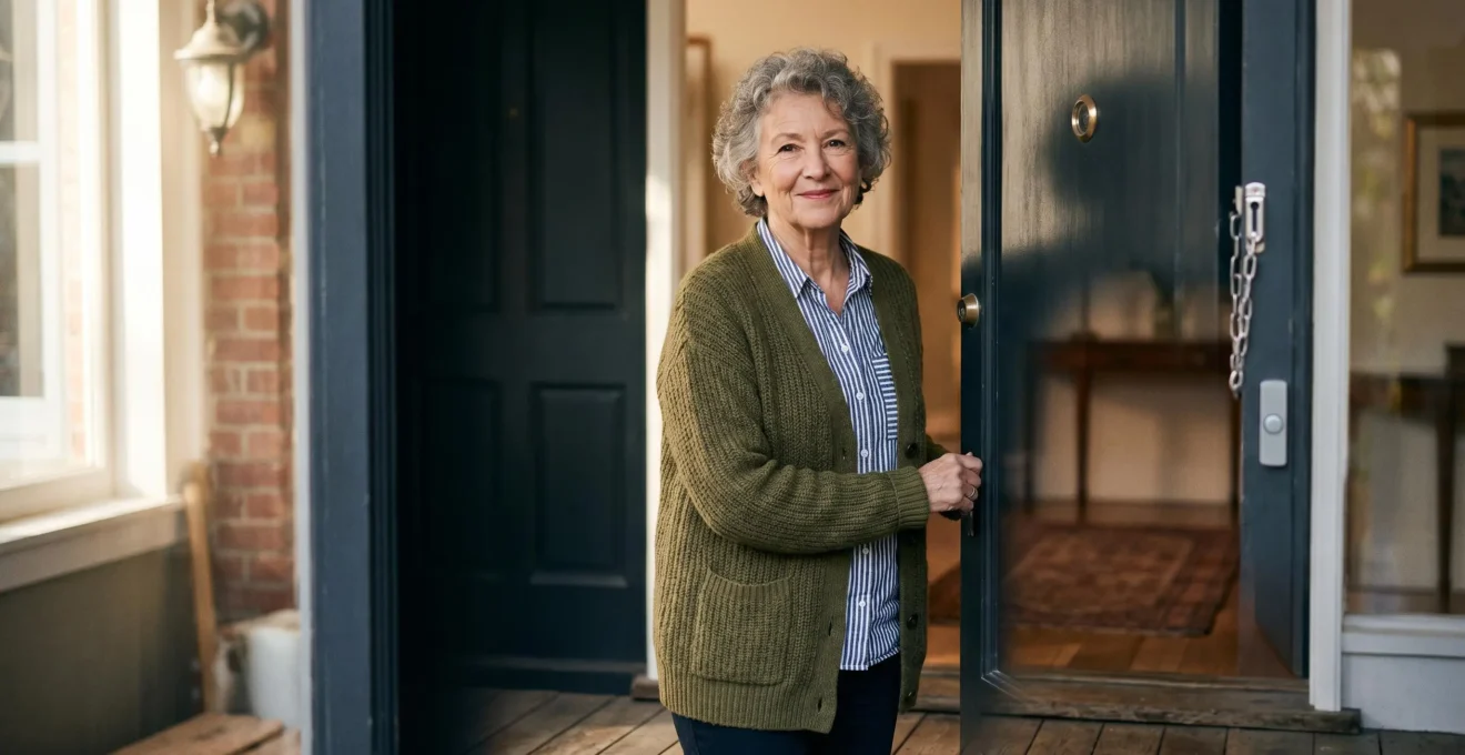 Elderly person standing confidently at their secure front entrance with visible safety features in a well-lit home