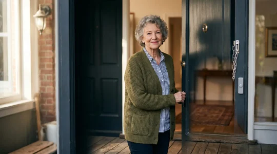 Elderly person standing confidently at their secure front entrance with visible safety features in a well-lit home