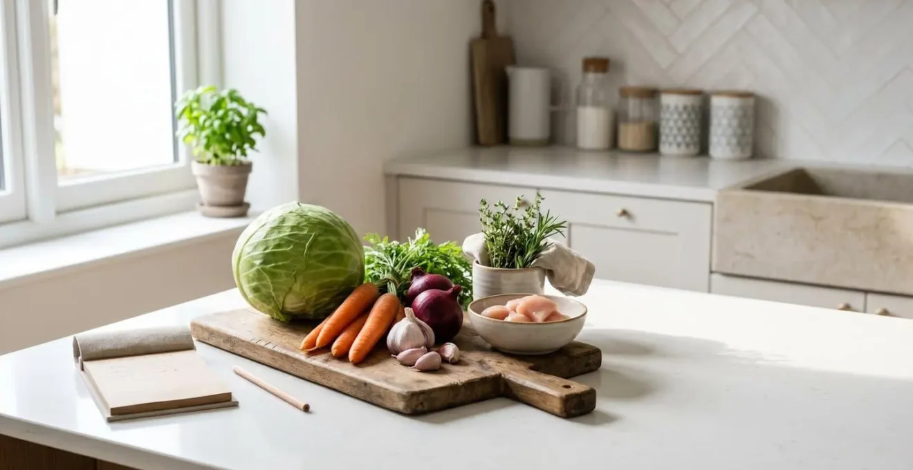 Senior adult meal planning with fresh vegetables and organized ingredients on a clean kitchen counter, representing independent cooking and reduced food waste