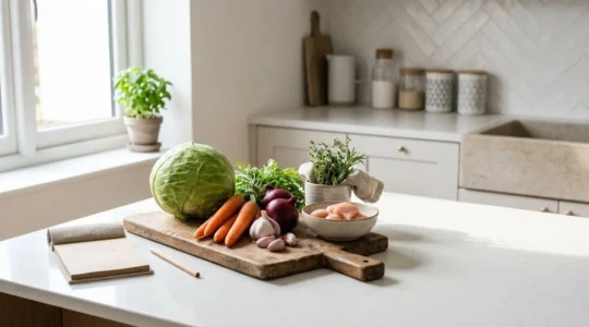 Senior adult meal planning with fresh vegetables and organized ingredients on a clean kitchen counter, representing independent cooking and reduced food waste
