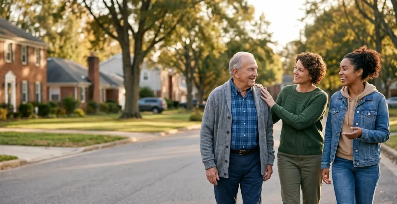 Three neighbors of different ages standing together in a residential street, symbolizing a community emergency support network for seniors