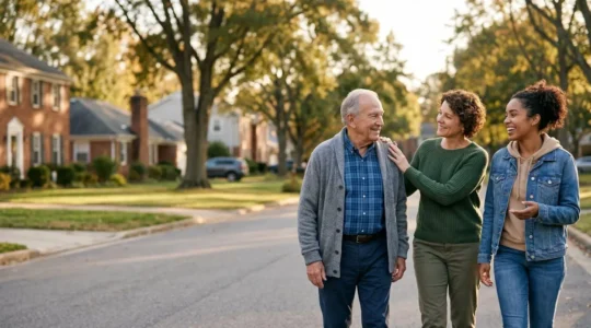 Three neighbors of different ages standing together in a residential street, symbolizing a community emergency support network for seniors