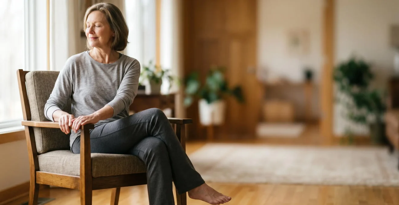 Older adult practicing seated balance exercise with calm focus and proper posture