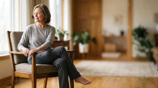 Older adult practicing seated balance exercise with calm focus and proper posture