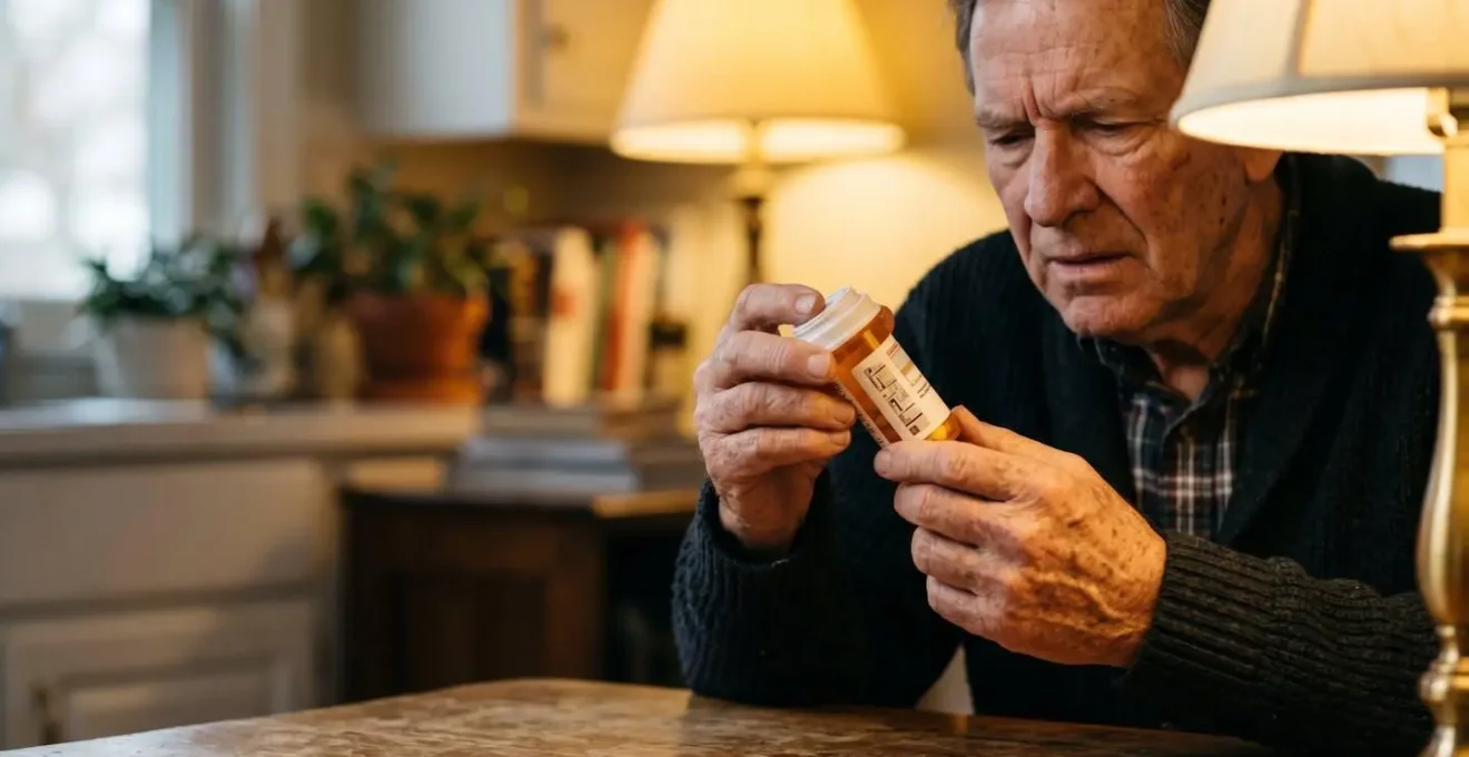 Senior adult struggling to read small text on medication label under dim traditional lighting in home setting