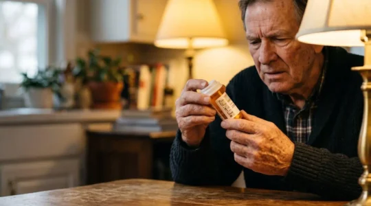 Senior adult struggling to read small text on medication label under dim traditional lighting in home setting