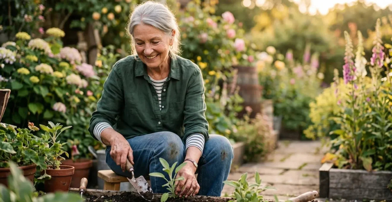 Confident senior actively gardening outdoors, symbolizing independence and dignity without visible medical devices
