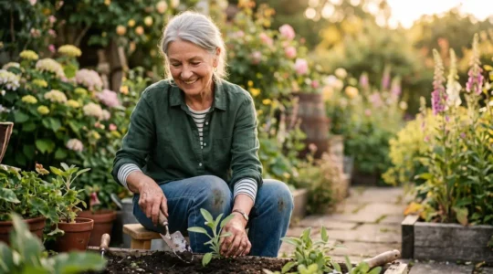 Confident senior actively gardening outdoors, symbolizing independence and dignity without visible medical devices