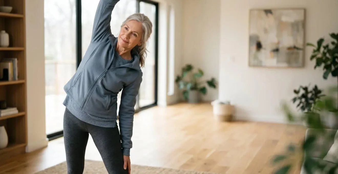 Senior adult preparing for a safe walking session with proper warm-up in a home environment