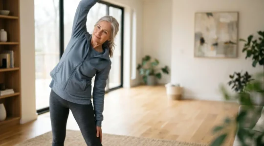 Senior adult preparing for a safe walking session with proper warm-up in a home environment