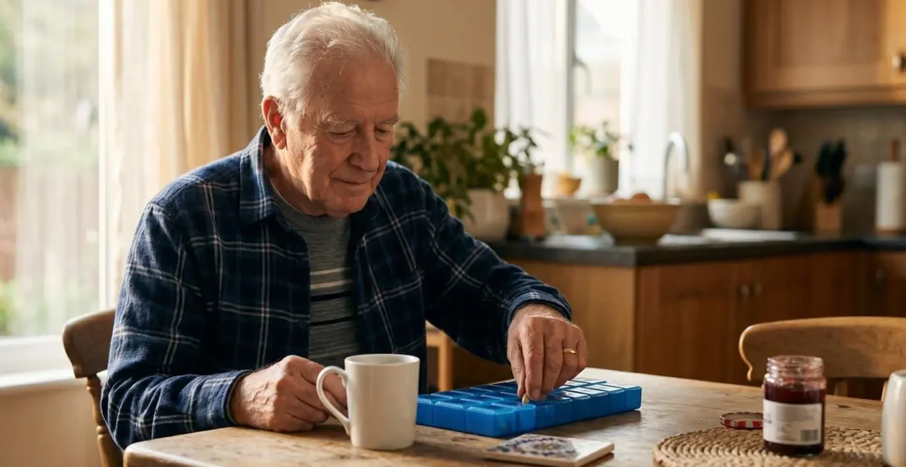 Elderly person following a peaceful morning routine with natural light and organized environment supporting cognitive function