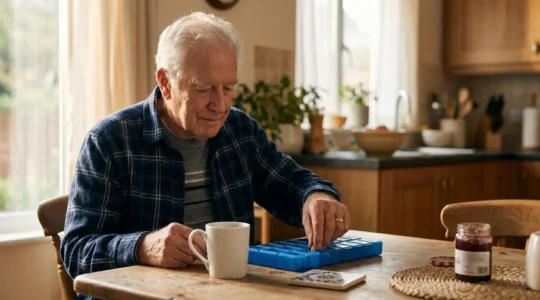 Elderly person following a peaceful morning routine with natural light and organized environment supporting cognitive function