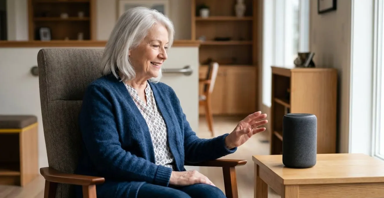 Senior adult naturally speaking to smart speaker device in accessible modern home setting