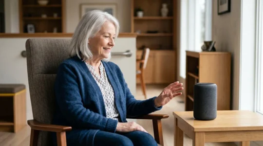 Senior adult naturally speaking to smart speaker device in accessible modern home setting