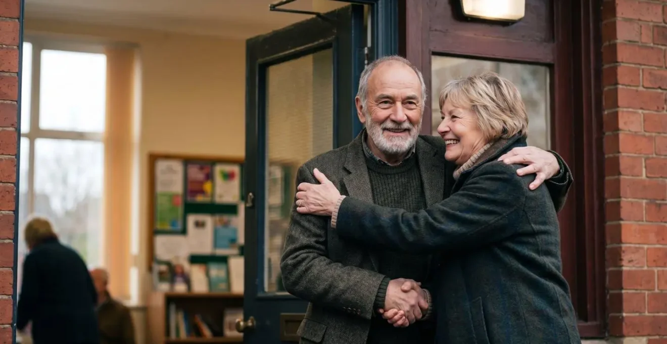 Elderly person warmly welcomed into a community space, symbolizing new social connections after relocation