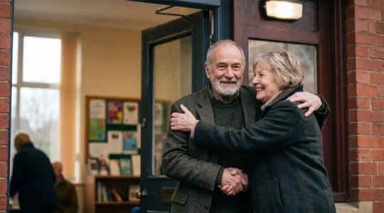 Elderly person warmly welcomed into a community space, symbolizing new social connections after relocation