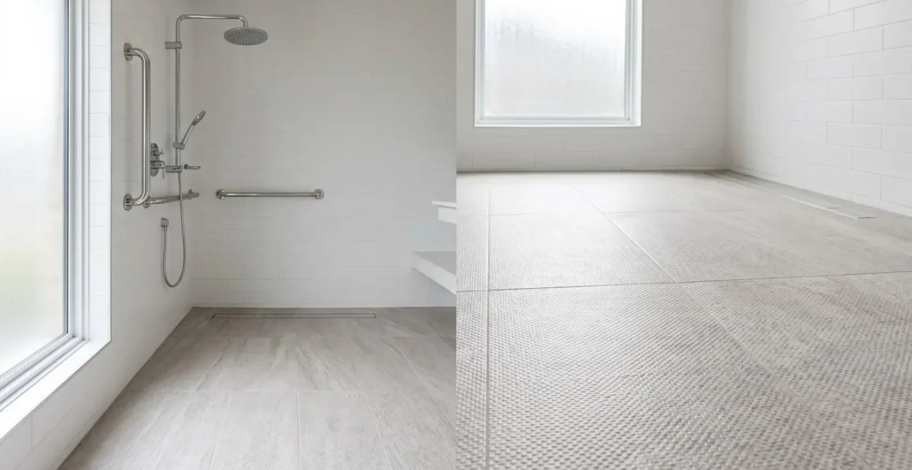 Modern accessible wet room featuring anti-slip flooring with textured surface, designed for senior safety in a clean contemporary bathroom setting