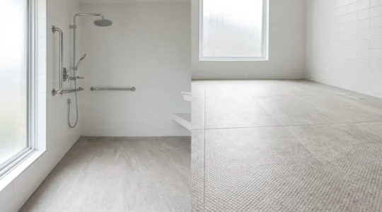 Modern accessible wet room featuring anti-slip flooring with textured surface, designed for senior safety in a clean contemporary bathroom setting