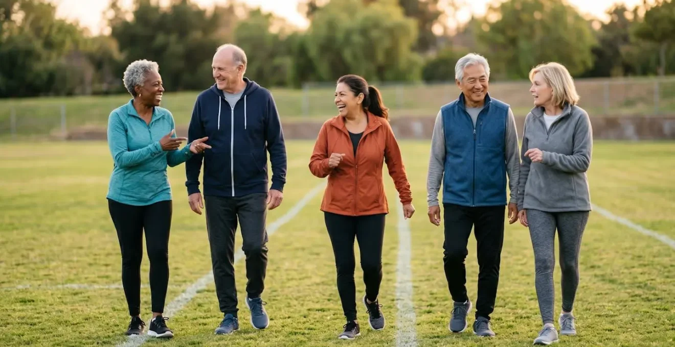 Active seniors participating in low-impact sports activity outdoors showing community engagement and healthy aging