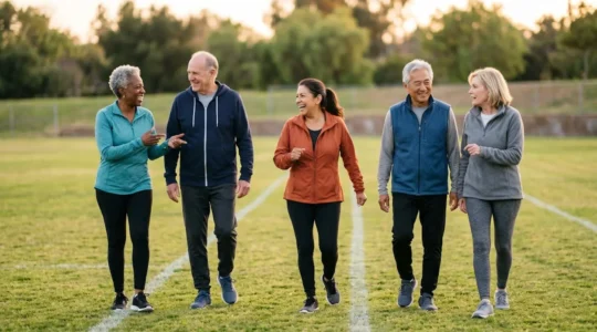 Active seniors participating in low-impact sports activity outdoors showing community engagement and healthy aging