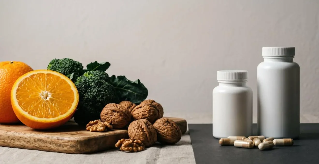 Natural whole foods including fresh oranges, dark leafy greens, and walnuts arranged beside vitamin supplement bottles on a clean surface