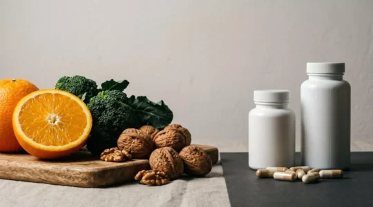 Natural whole foods including fresh oranges, dark leafy greens, and walnuts arranged beside vitamin supplement bottles on a clean surface
